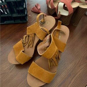 Groove Mustard Suede Fringe Sandals